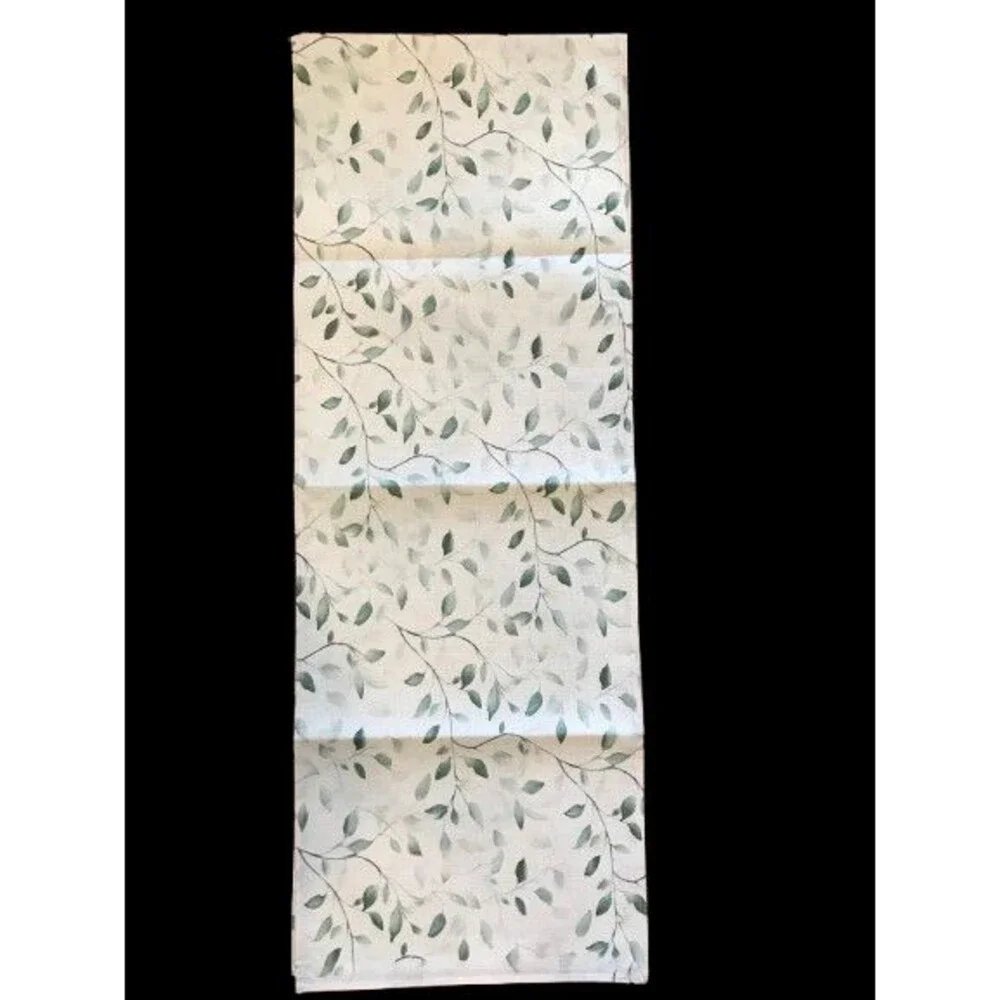 Table Runner 13x72in Woven Polyester Green Leaves Stems greenery